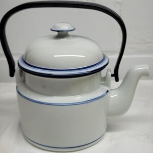 Dansk White Teapot with Blue Trim and Black Handle